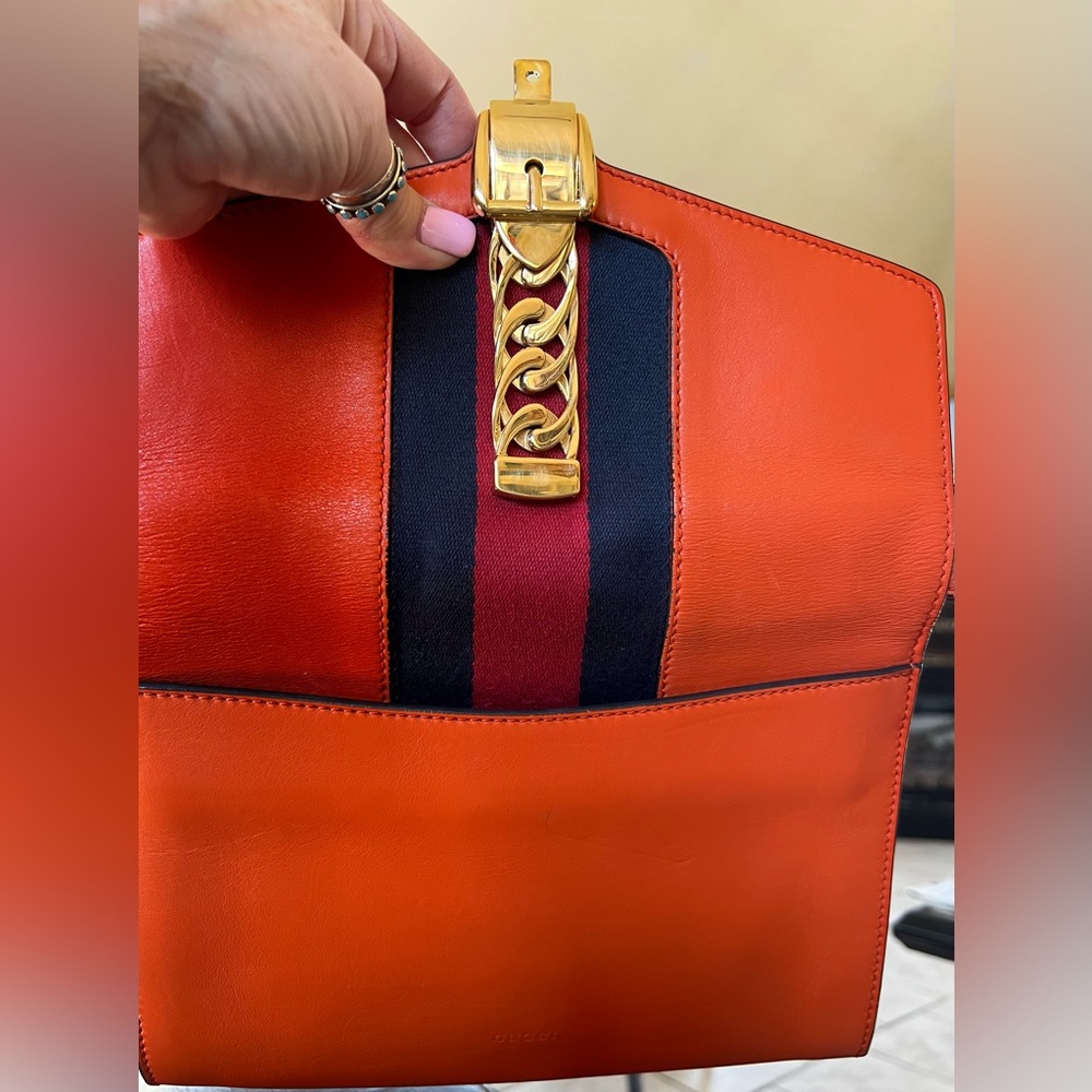 GUCCI Sylvie Bold Orange Wristlet/Shoulder Bag Authentic - Picture 17 of 17